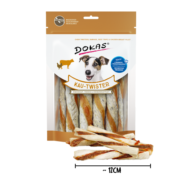 Dokas Kau-Twister Hundekauartikel, 12 cm lang, hergestellt aus Rohhaut, Rinderpansen und Hühnerbrust.