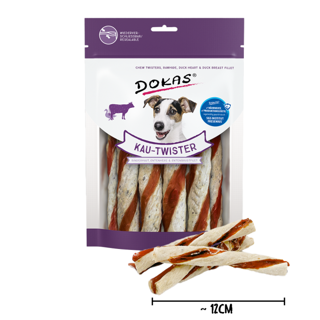 Dokas Kau-Twister Hundekauartikel, Rohhaut-Twists aus Entenherz & Brustfilet, ~12cm