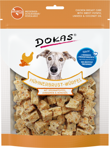 Hundeleckerli-Paket mit Hähnchenbrustwürfeln und einem Hundegesicht auf der Vorderseite