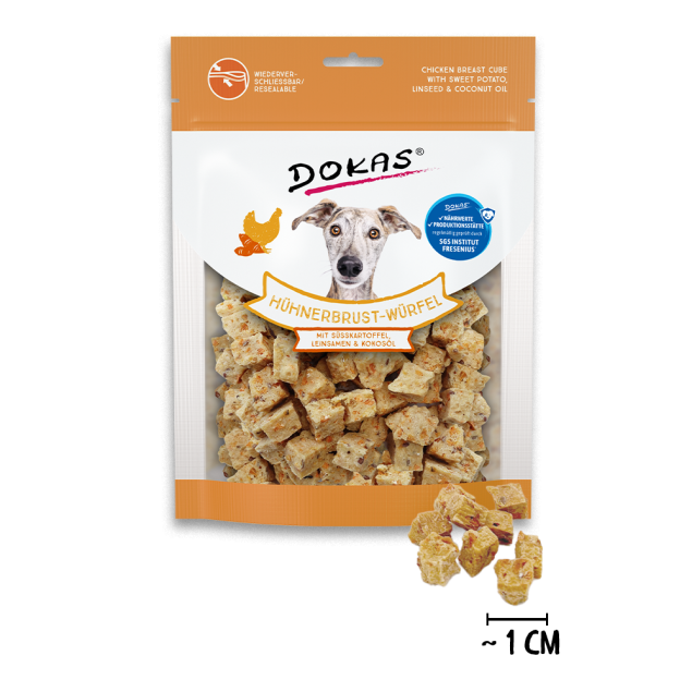 Dokas Hähnchenbrustwürfel Hundeleckerlis mit Süßkartoffel, Leinsamen & Kokosöl