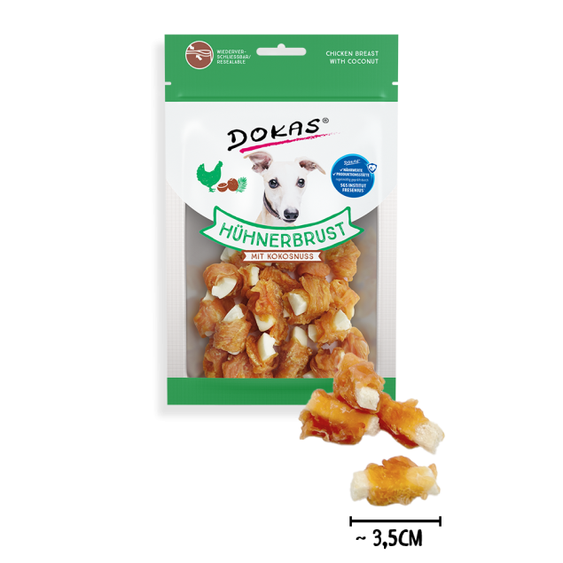 Dokas Hähnchenbrust mit Kokosnuss-Hundeleckereien; ~3,5 cm große Stücke