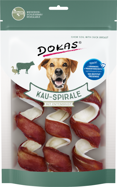 Hundeleckerli-Verpackung mit Entenbrust-Spiralkauartikeln