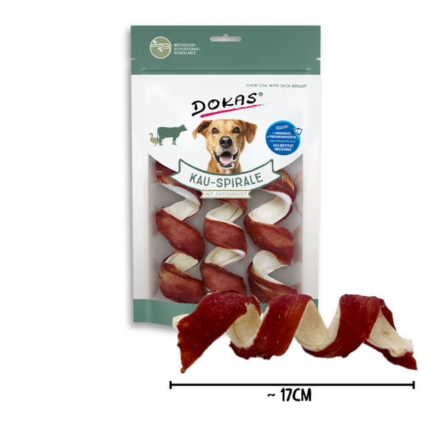 Dokas Kau-Spirale Hundekausnack mit Entenbrust, ca. 17cm lang.