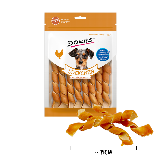 Dokas Löckchen Hundeleckerli mit Hähnchenbrust; gedreht, 14cm lang.