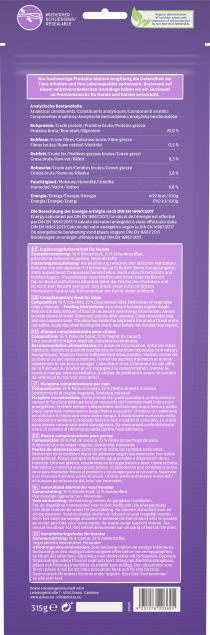Rückseite der violetten Produktverpackung mit Text und Naturblattsymbol