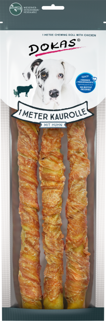 Dokas 1 Meter Kaurolle mit Huhn für Hunde in Verpackung