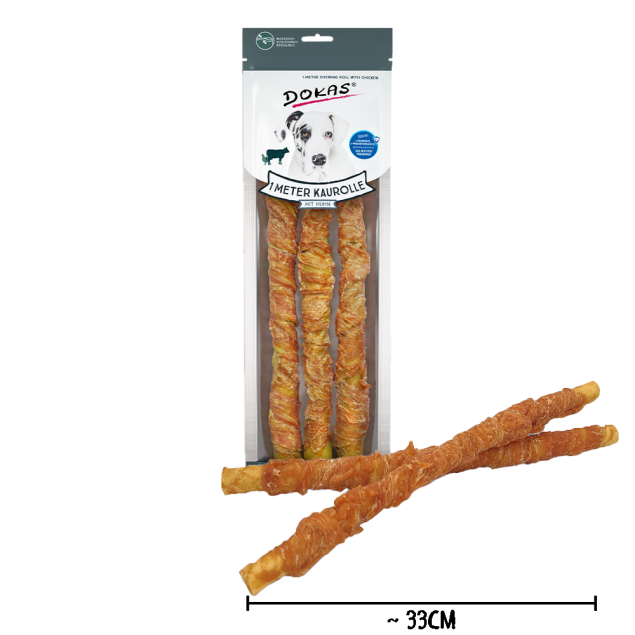 Drei 33 cm lange Dokas 1-Meter-Hühnchen-Kaurollen für Hunde