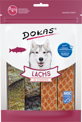 Verpackung für Hundelachsstreifen mit Husky-Bild und MSC-Label