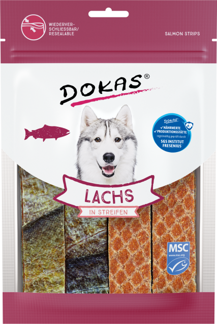 Verpackung für Hundelachsstreifen mit Husky-Bild und MSC-Label