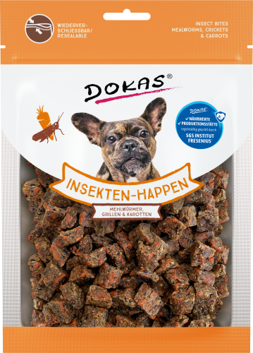 Hundeleckerlis mit Mehlwürmern, Grillen und Karotten Verpackung