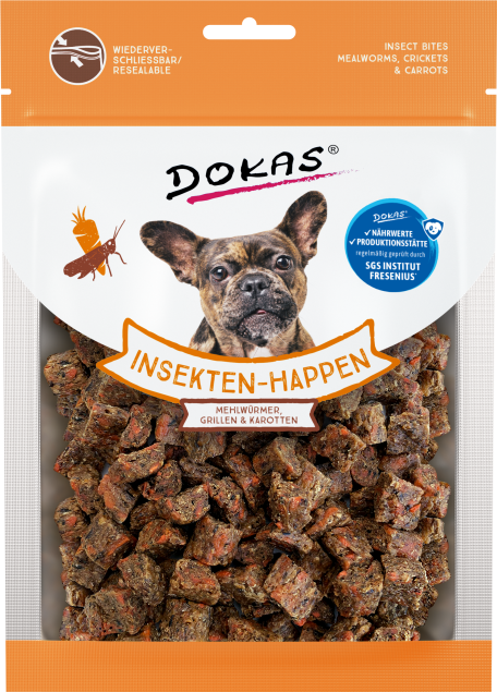 Hundeleckerlis mit Mehlwürmern, Grillen und Karotten Verpackung