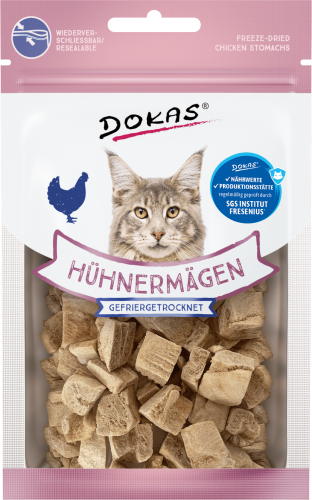 Dokas gefriergetrocknete Hühnermagen-Leckerlis für Katzen. Auf der Verpackung sind Produkt und Katze abgebildet.