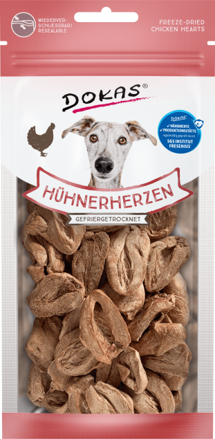 Dokas gefriergetrocknete Hühnerherzen Hundeleckerlis; wiederverschließbarer Beutel