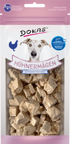 Gefriergetrocknete Hühnermägen als Hundeleckerli; Marke Dokas. Hühnermägen.