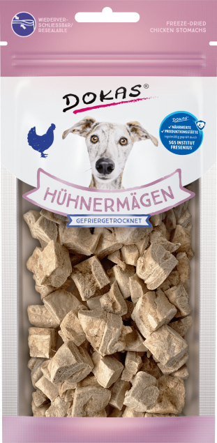 Gefriergetrocknete Hühnermägen als Hundeleckerli; Marke Dokas. Hühnermägen.