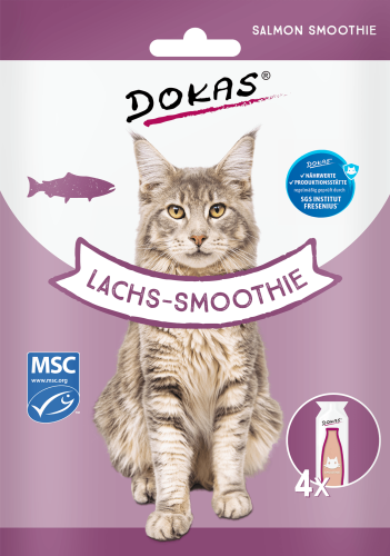 Dokas Lachs-Smoothie Katzenfutterverpackung mit Maine Coon Katze. 4x Beutel.