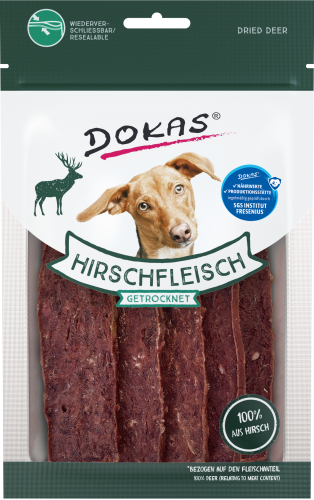 Dokas getrocknete Hirsch-Hundesnacks; 100 % Hirschfleisch, wiederverschließbarer Beutel