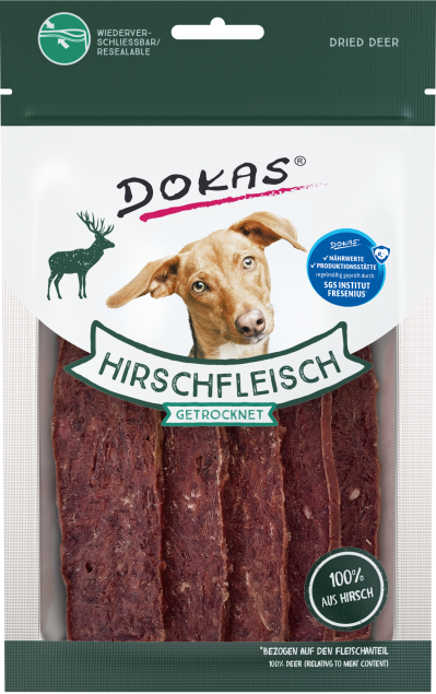 Dokas getrocknete Hirsch-Hundesnacks; 100 % Hirschfleisch, wiederverschließbarer Beutel