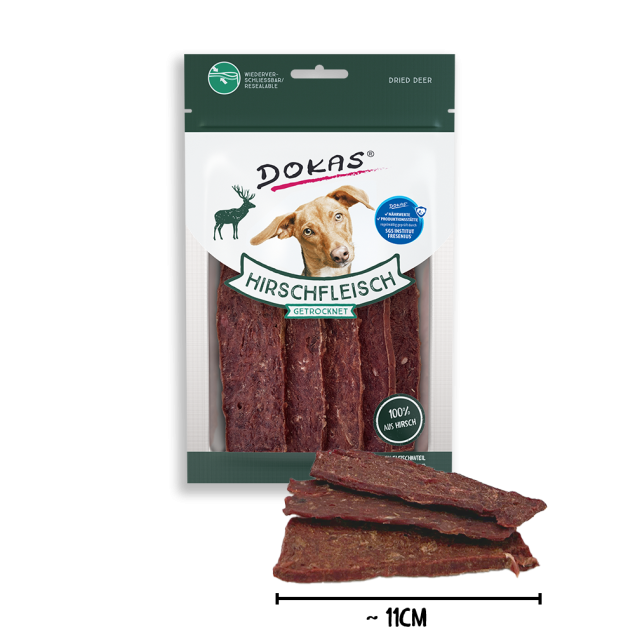 Dokas getrocknete Hirschfleisch-Hundesnacks im wiederverschließbaren Beutel