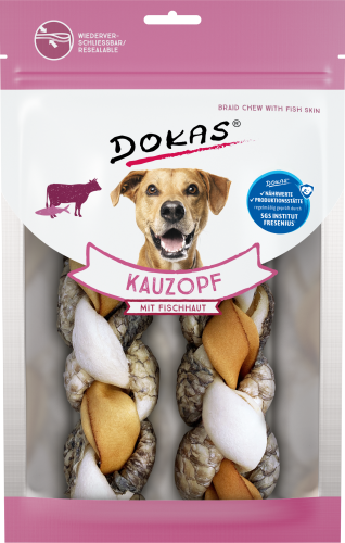 Hundeleckerli-Paket mit Aufschrift „Dokas Kauzopf“ mit Zopfkauknochen und Fischhaut