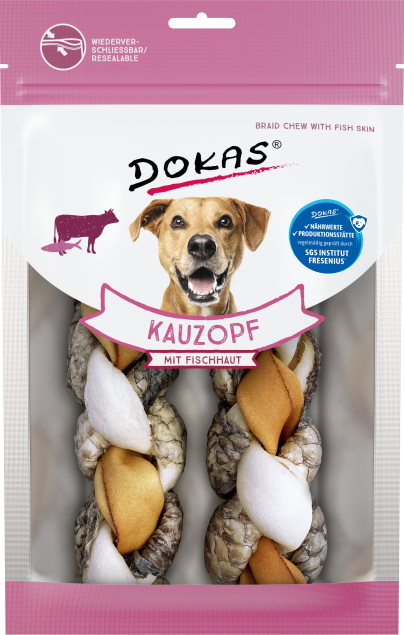 Hundeleckerli-Paket mit Aufschrift „Dokas Kauzopf“ mit Zopfkauknochen und Fischhaut