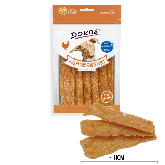 Dokas getrocknete Hühnerbrust-Hundesnacks; 100 % Huhn, ~11 cm lang