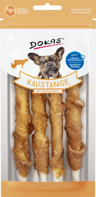 Dokas Hähnchenbrust-Kausticks für Hunde. Wiederverschließbarer Beutel.