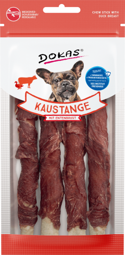 Dokas Kaustange Hundekausnacks mit Entenbrust. Abgebildet sind drei fleischige Kausnacks im wiederverschließbaren Beutel.