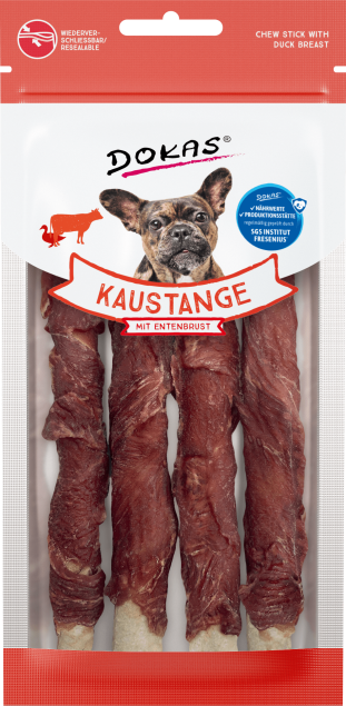 Dokas Kaustange Hundekausnacks mit Entenbrust. Abgebildet sind drei fleischige Kausnacks im wiederverschließbaren Beutel.