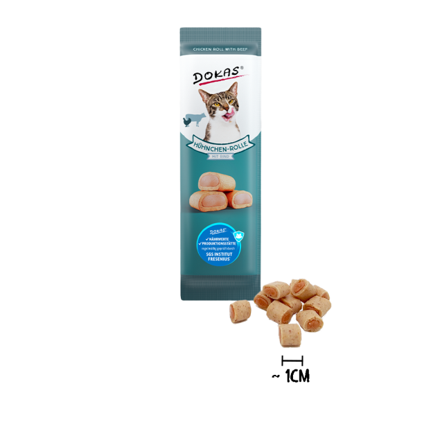 Dokas Hähnchen-Rolle Katzenleckerli; Hähnchenrolle mit Rindfleisch; ~1cm groß