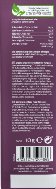 Dokas Katzenfutterbeutel, 10g, Nährwertangaben und Zutaten