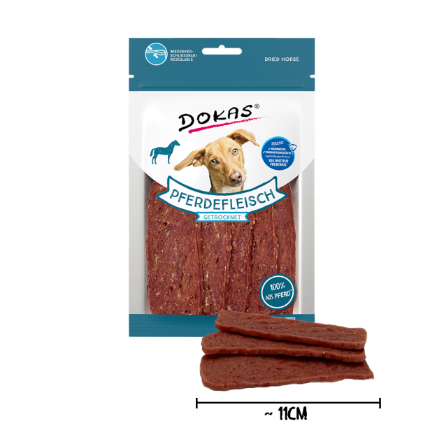 Dokas getrocknete Hundeleckerlis aus Pferdefleisch, 11 cm lang. 100 % Pferdefleisch.