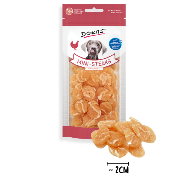 Dokas Chicken Breast Mini Steaks dog treats in a resealable bag