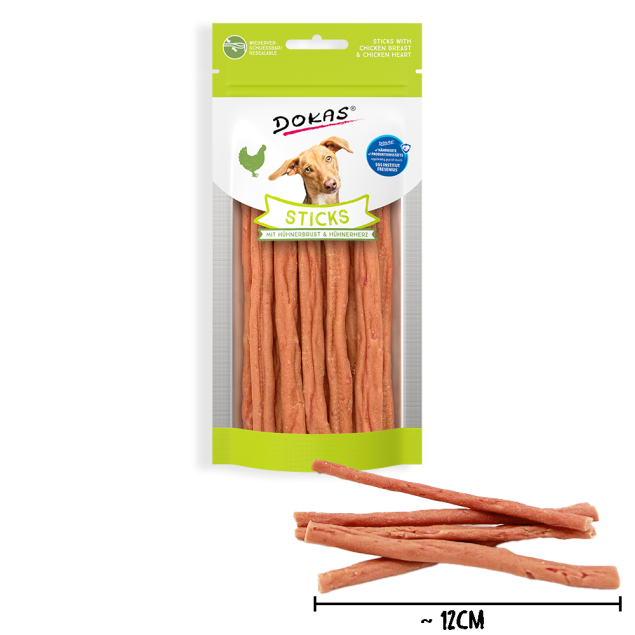 DOKAS Sticks Hundeleckerlis mit Hähnchenbrust und Herz. 60g Beutel.