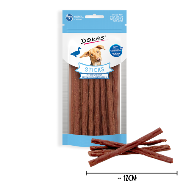 Dokas Duck Sticks Hundeleckerlis; 12 cm lange Sticks aus Entenbrust, -herz und -leber