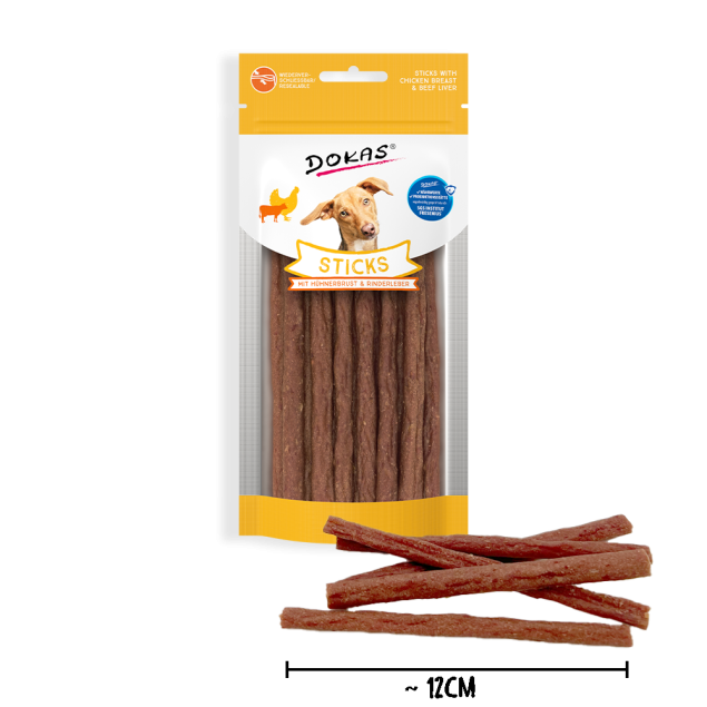 Dokas Hundeleckerlis: Sticks mit Hähnchenbrust & Rinderleber. Wiederverschließbarer Beutel.
