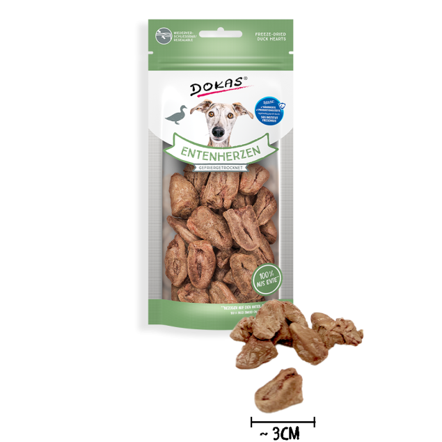 Dokas gefriergetrocknete Entenherzen Hundeleckerlis, 22g Beutel.