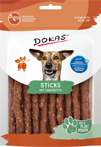 DOKAS Hundesnacks: Sticks mit Hagebutte. 100 % Pflanzenkraft.