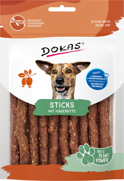 DOKAS Hundesnacks: Sticks mit Hagebutte. 100 % Pflanzenkraft.