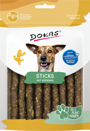 Hundeleckerli: Dokas Sticks mit Kurkuma, 100% Pflanzenkraft. Wiederverschließbarer Beutel.