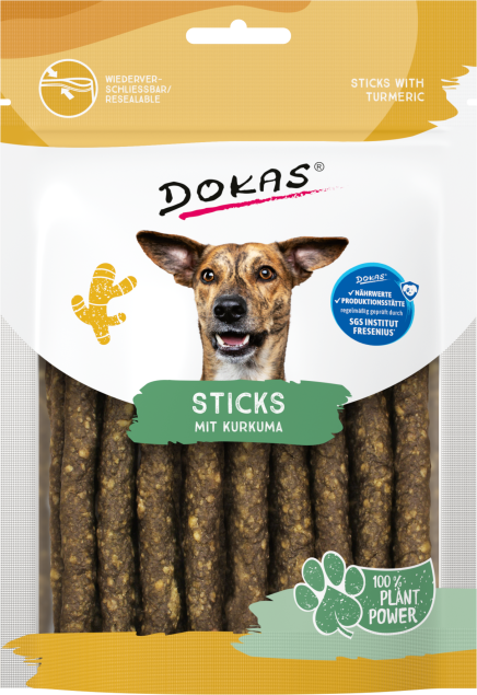 Hundeleckerli: Dokas Sticks mit Kurkuma, 100% Pflanzenkraft. Wiederverschließbarer Beutel.
