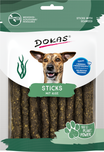 Dokas Hundeleckerlis: Sticks mit Alge, wiederverschließbarer Beutel. 100% Pflanzenkraft.