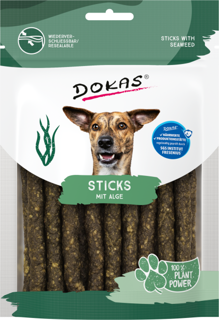 Dokas Hundeleckerlis: Sticks mit Alge, wiederverschließbarer Beutel. 100% Pflanzenkraft.
