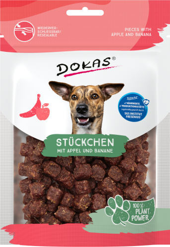 Hundeleckerli: Dokas Sticks mit Apfel und Banane. Wiederverschließbarer Beutel.
