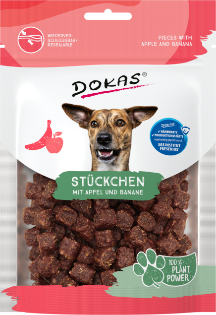 Hundeleckerli: Dokas Sticks mit Apfel und Banane. Wiederverschließbarer Beutel.