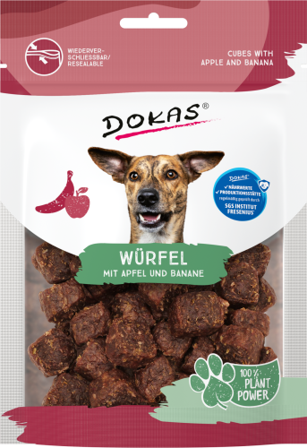 Hundeleckerli: Dokas Würfel mit Apfel und Banane. Wiederverschließbarer Beutel.