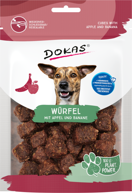 Hundeleckerli: Dokas Würfel mit Apfel und Banane. Wiederverschließbarer Beutel.