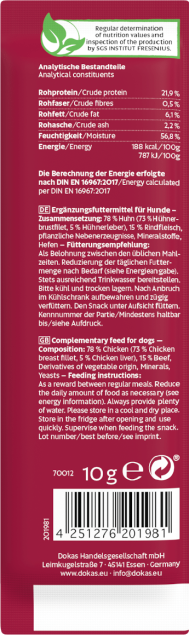 Rückseite der Hundeleckerli-Tüte mit Nährwertangaben, Zutaten (Huhn, Rind) und Fütterungsanleitung.