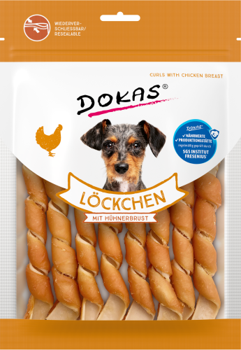 Dokas Hundeleckerlis: Hähnchenbrust-Curls. Wiederverschließbarer Beutel.