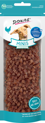 Dokas Minis Hühnerbrust Hundeleckerli, 70g Beutel. 100% Hühnerbrust.
